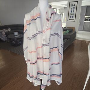 White With Boho Pink and Blue Embroidery West Loop Scarf Wrap Pashmina 73"X37"